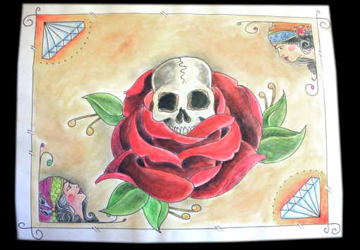 Skull Rose and Gypsies 4 10 2009 Sketches with watercolor pencil